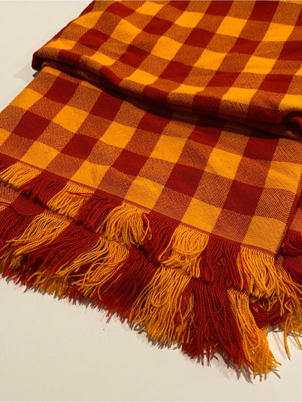 Vintage Red & Orange Checkered Fringed Fabric Tablecloth Approx 92”x55”
